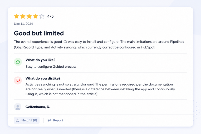 Customer review of Salesforce HubSpot integration highlighting easy setup, guided configuration, syncing limitations and feedback.