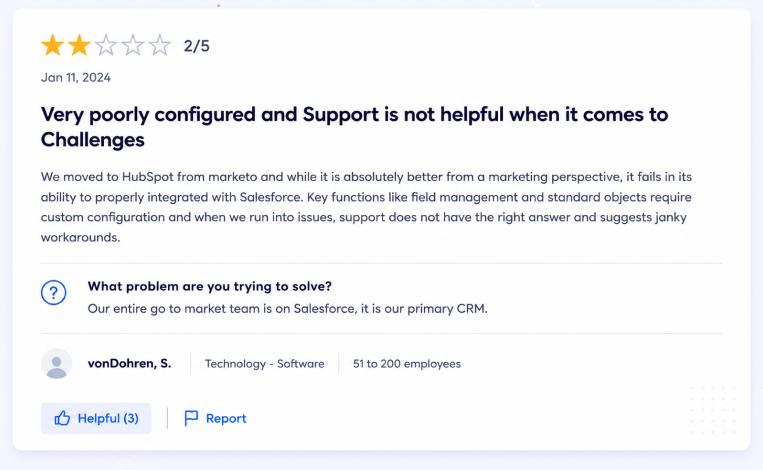 Negative review of Salesforce HubSpot integration citing configuration challenges, support issues and CRM workflow limits.