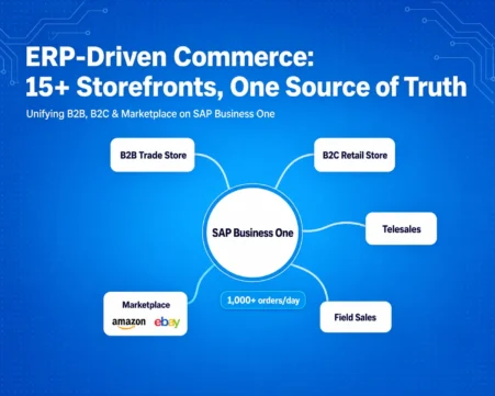 SAP Business One integration architecture connecting B2B, B2C, marketplaces, telesales, and field sales through a unified ERP platform.