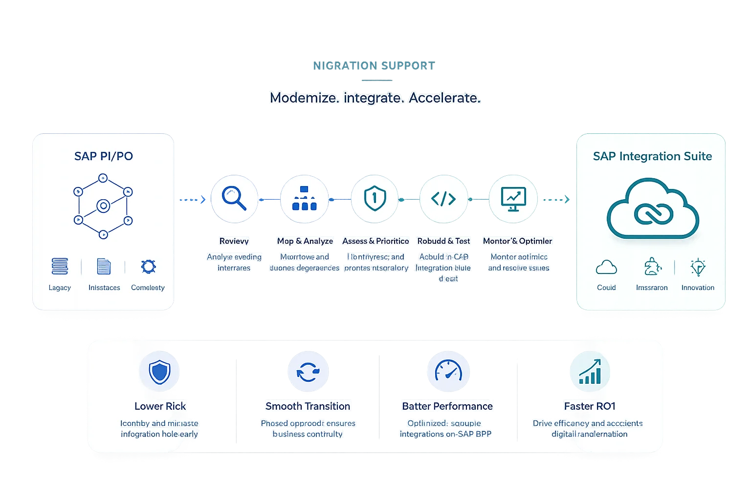 Migration workflow illustrating the transition from SAP PI/PO to SAP Integration Suite with assessment, modernization, testing, monitoring, and optimization.