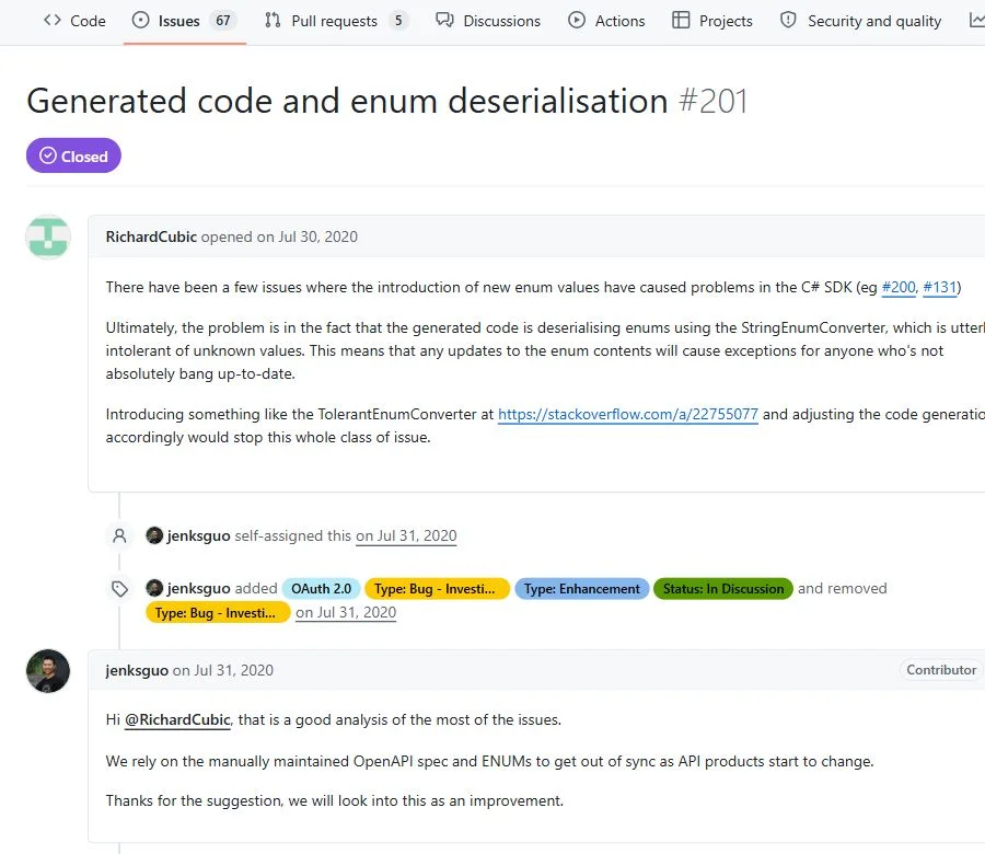 GitHub issue discussing enum deserialization failures caused by new API values and outdated SDK code generation.