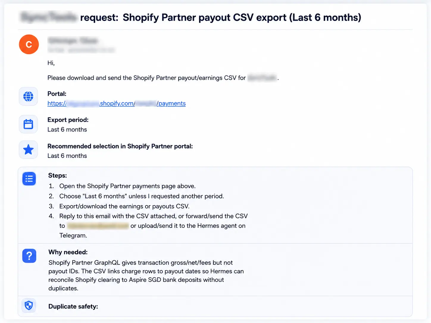 Email request for Shopify Partner payout CSV export showing export instructions, reporting period and reconciliation steps.