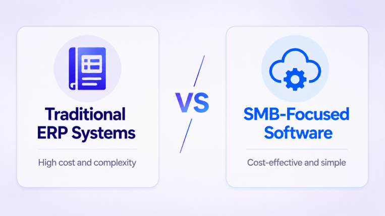 Comparison between traditional ERP systems and SMB-focused software highlighting cost, complexity, and simplicity benefits.