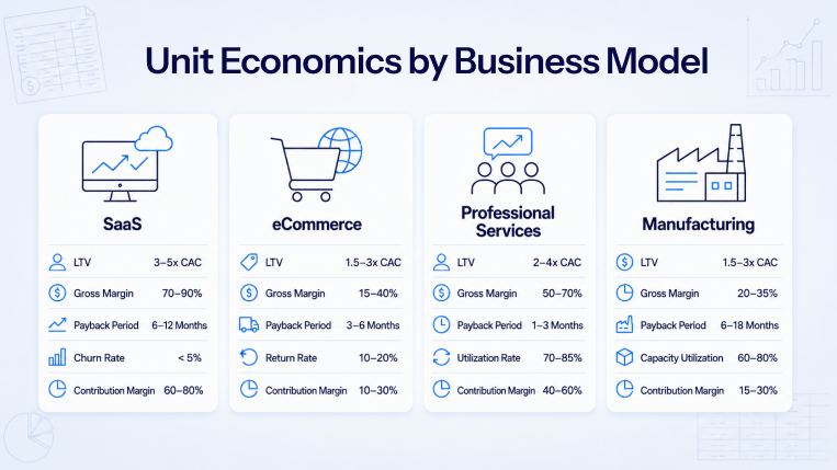 Comparison of unit economics metrics across SaaS, eCommerce, professional services, and manufacturing business models.