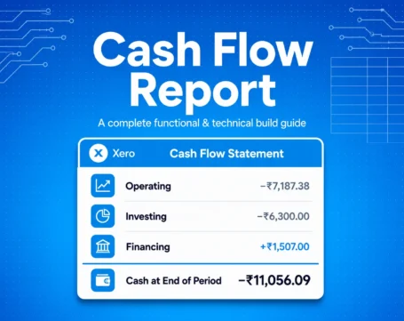 Xero Cash Flow Report dashboard showing operating, investing, financing activities and ending cash balance in a cash flow statement.