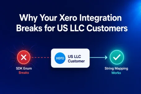 Diagram showing Xero SDK enum failure for US LLC customers and a string mapping approach that prevents integration errors.