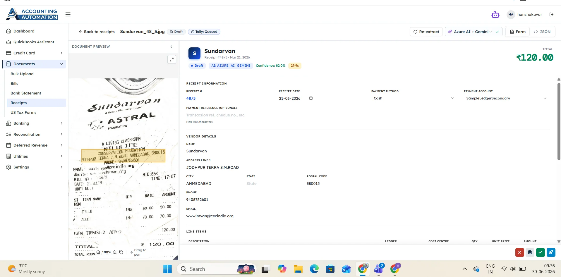 Accounting automation dashboard showing AI-extracted receipt data, document preview, vendor details, payment information, line items, and review before posting to Tally.