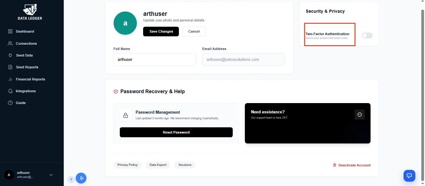 Data Ledger account settings page with user profile, password recovery, two-factor authentication, privacy controls, and security settings.