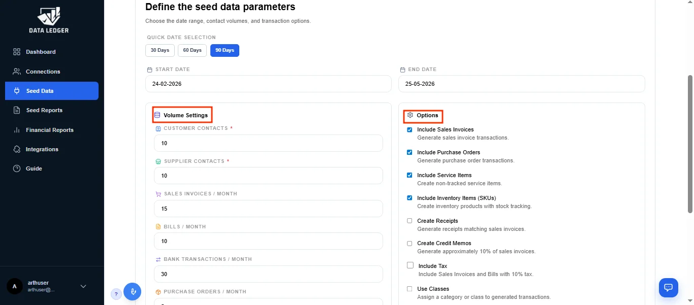 Data Ledger Seed Data settings page showing date range, volume configuration, and transaction generation options for sample accounting data.
