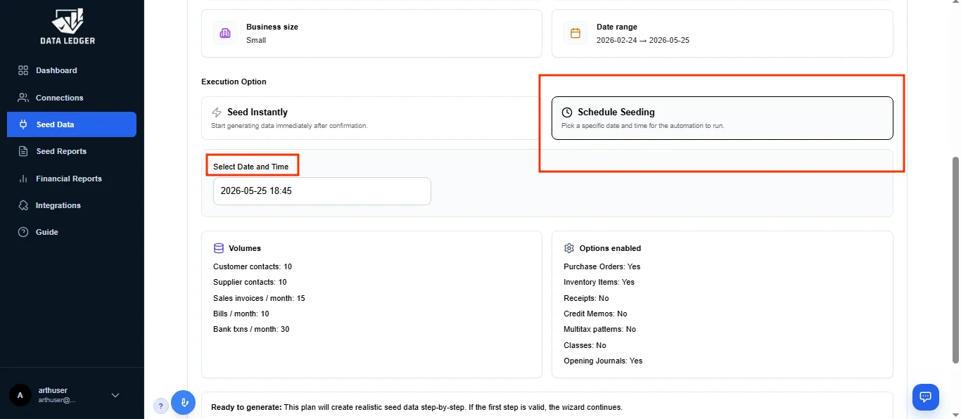 Data Ledger seed data scheduling page showing instant or scheduled execution, date and time selection, volumes, and enabled options.