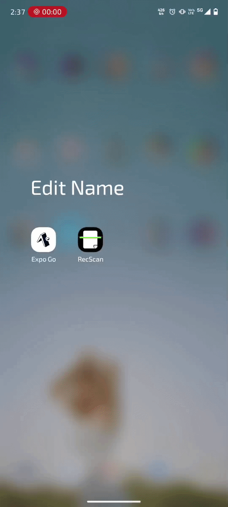 Animated demo showing a mobile receipt scanning app launching from the home screen and capturing receipts for AI-powered expense processing.
