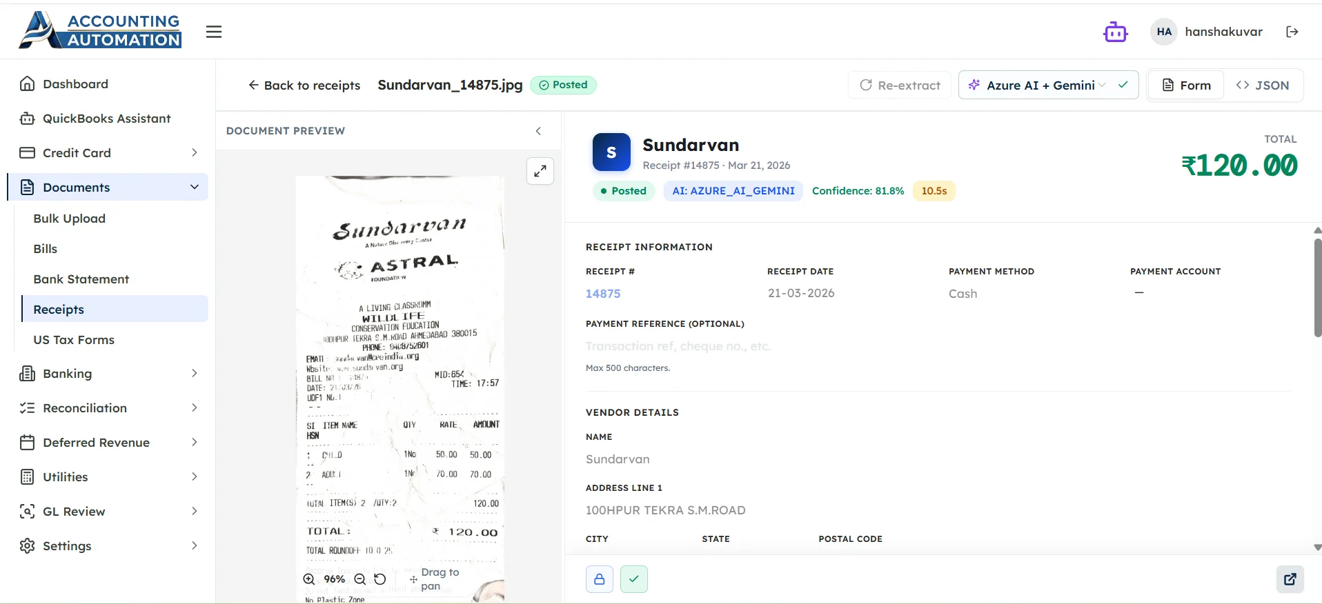 QuickBooks AI dashboard showing OCR receipt extraction, vendor details, payment data, and automated document processing.