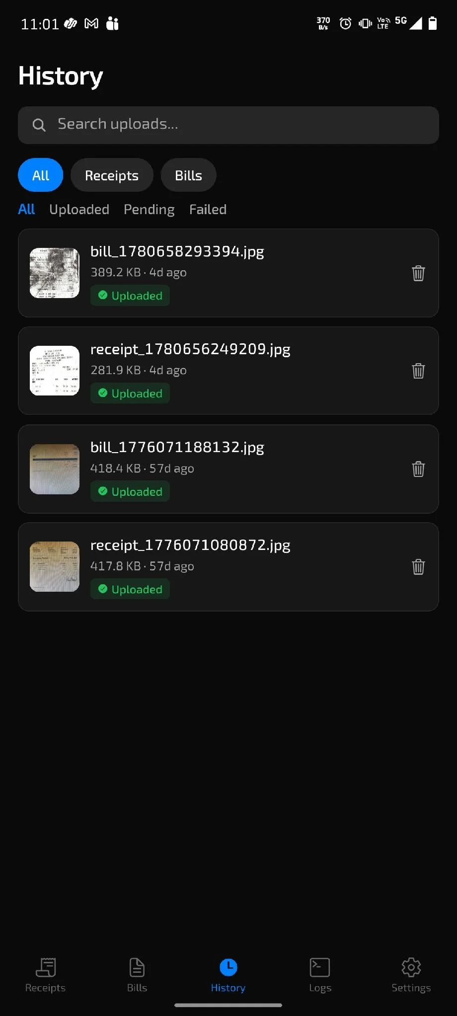 Mobile app history screen displaying uploaded receipts and bills with search, filters, upload status, timestamps, and document management options