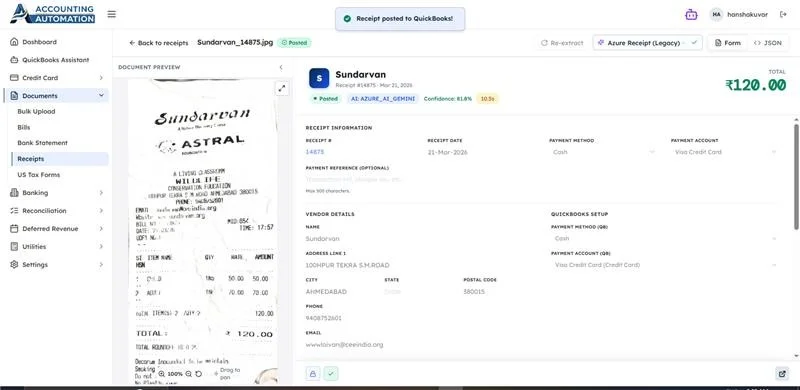 Accounting automation dashboard displaying an AI-processed receipt successfully posted to QuickBooks with extracted vendor, payment, and transaction details.