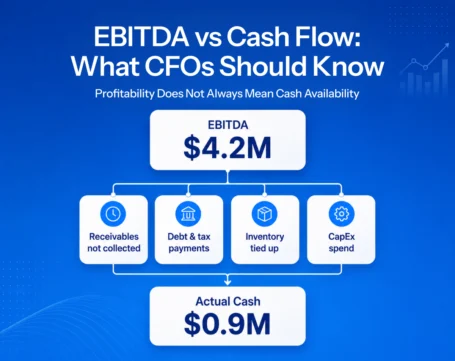EBITDA vs cash flow guide showing how receivables, debt, taxes, inventory, and CapEx affect actual cash