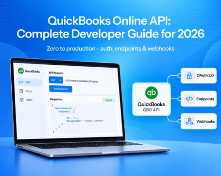 QuickBooks Online API developer guide showing API requests, OAuth 2.0, endpoints, and webhooks