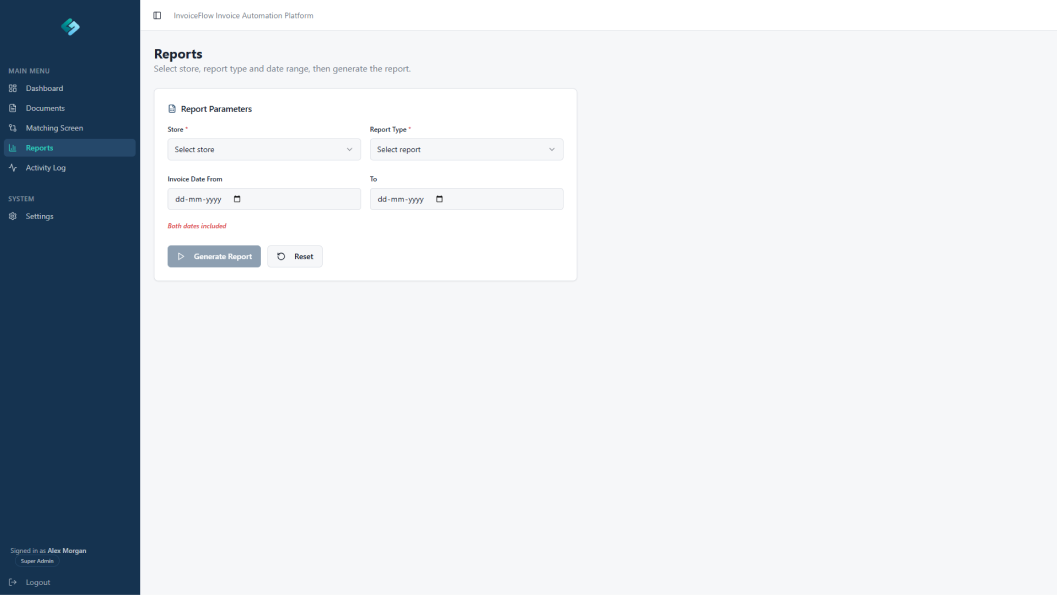 InvoiceFlow reports dashboard with store selection, report type, invoice date range, and report generation controls