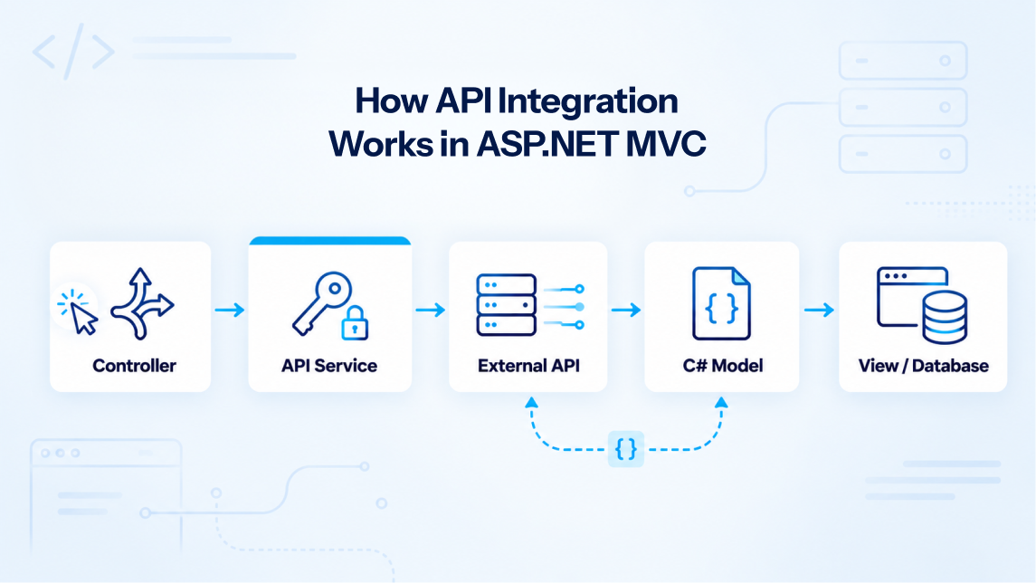 ASP.NET MVC API integration workflow showing controllers, API services, external APIs, C# models, views, and databases