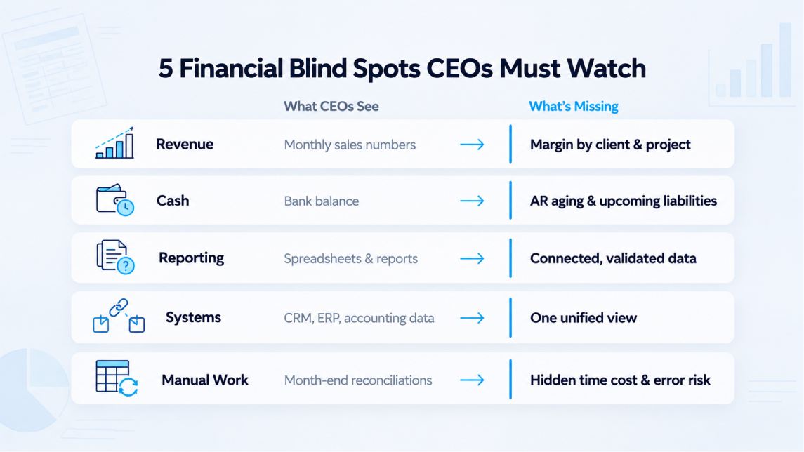 Financial blind spots for CEOs covering revenue, cash, reporting, systems, and manual reconciliation work
