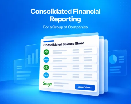 Consolidated financial reporting dashboard combining QuickBooks, Xero, and Sage data for a group of companies