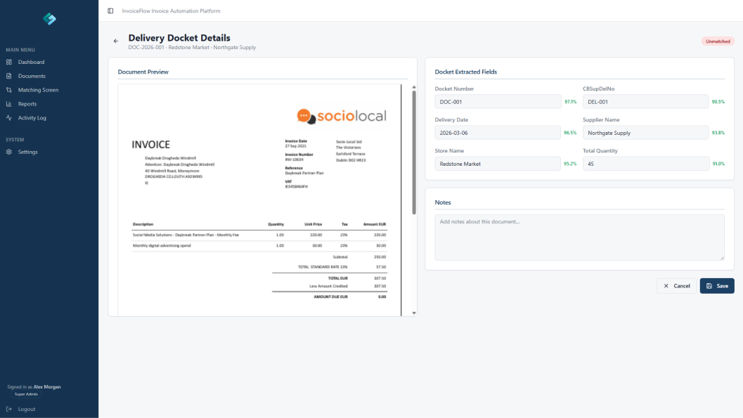 Delivery docket details dashboard showing document preview, extracted fields, confidence scores, notes, and matching status