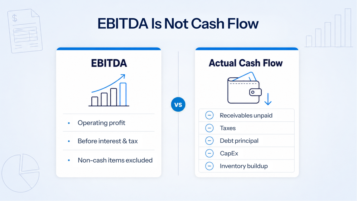 EBITDA vs actual cash flow comparison showing unpaid receivables, taxes, debt, CapEx, and inventory impacts