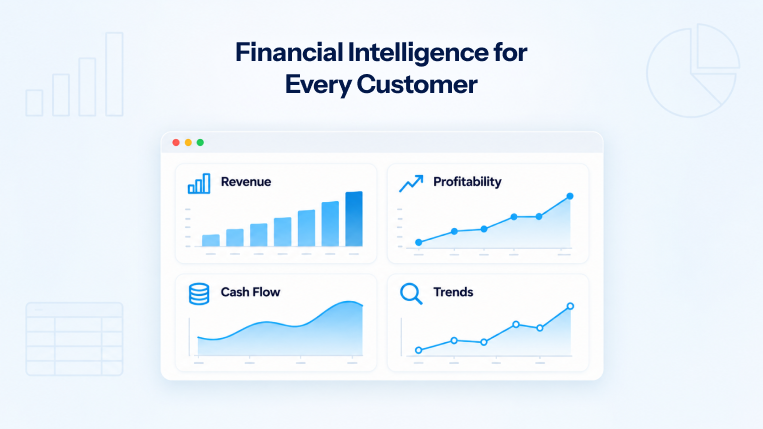 Financial intelligence dashboard showing revenue, profitability, cash flow, and trend analysis for customers