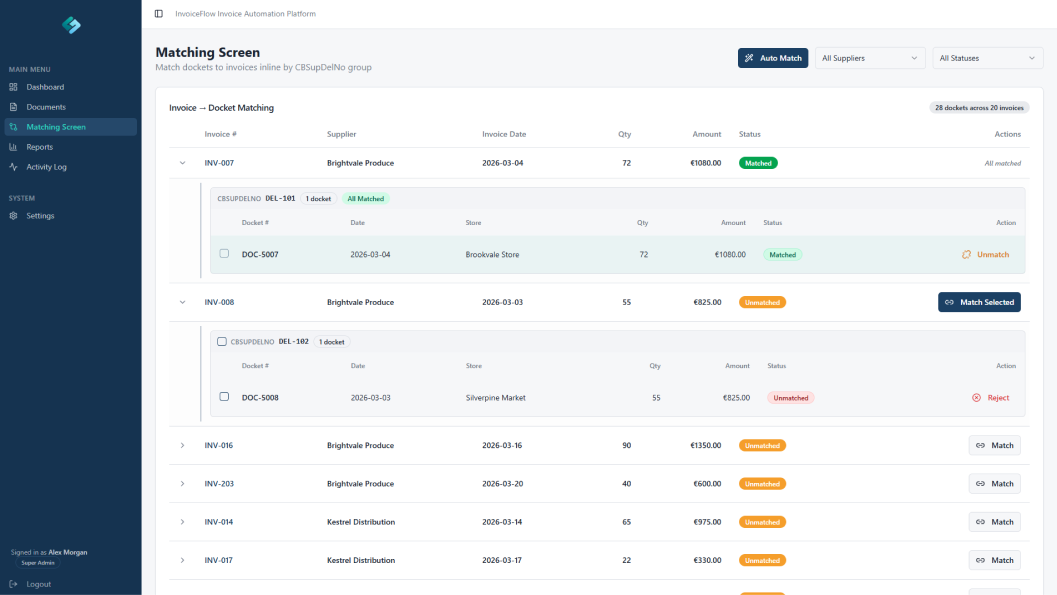 Delivery docket details dashboard showing document preview, extracted fields, confidence scores, notes, and matching status