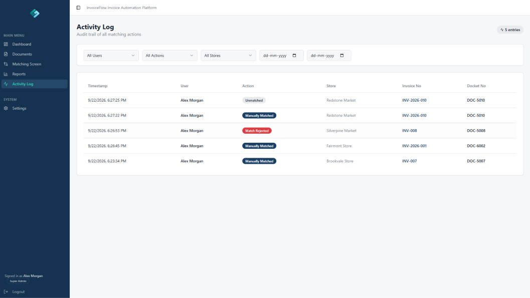InvoiceFlow activity log showing user actions, matching status, stores, invoice numbers, and docket numbers