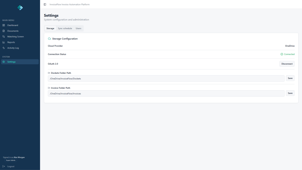 InvoiceFlow storage settings showing OneDrive connection, OAuth status, and invoice and docket folder paths