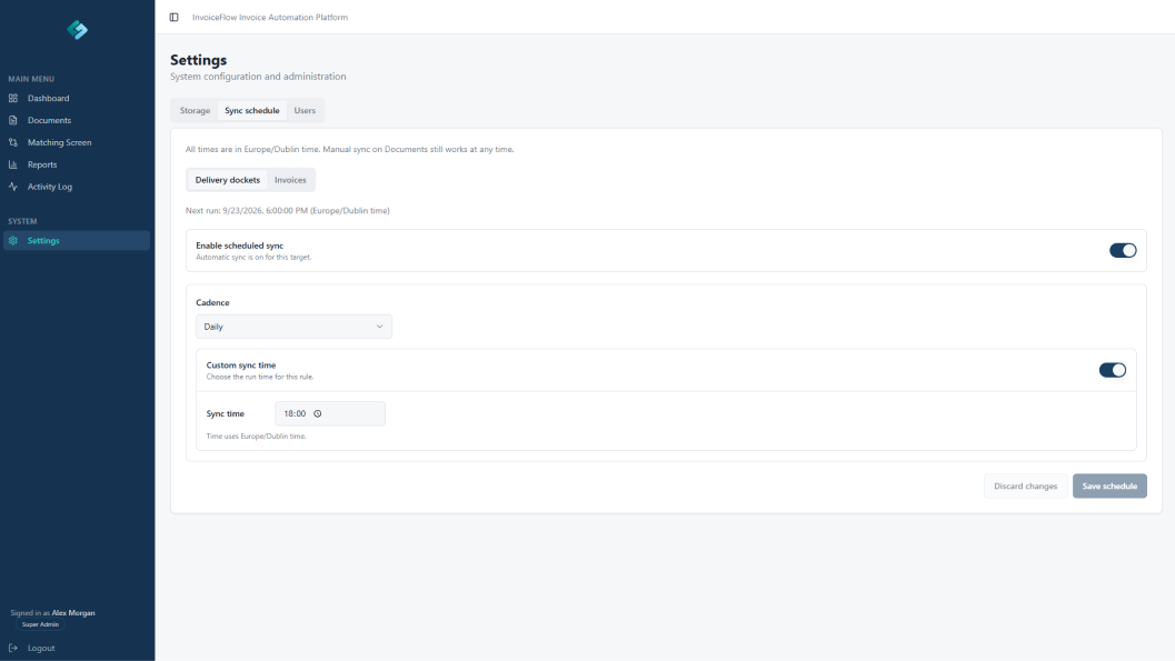 InvoiceFlow sync schedule settings showing delivery docket and invoice sync cadence, time, and scheduling controls
