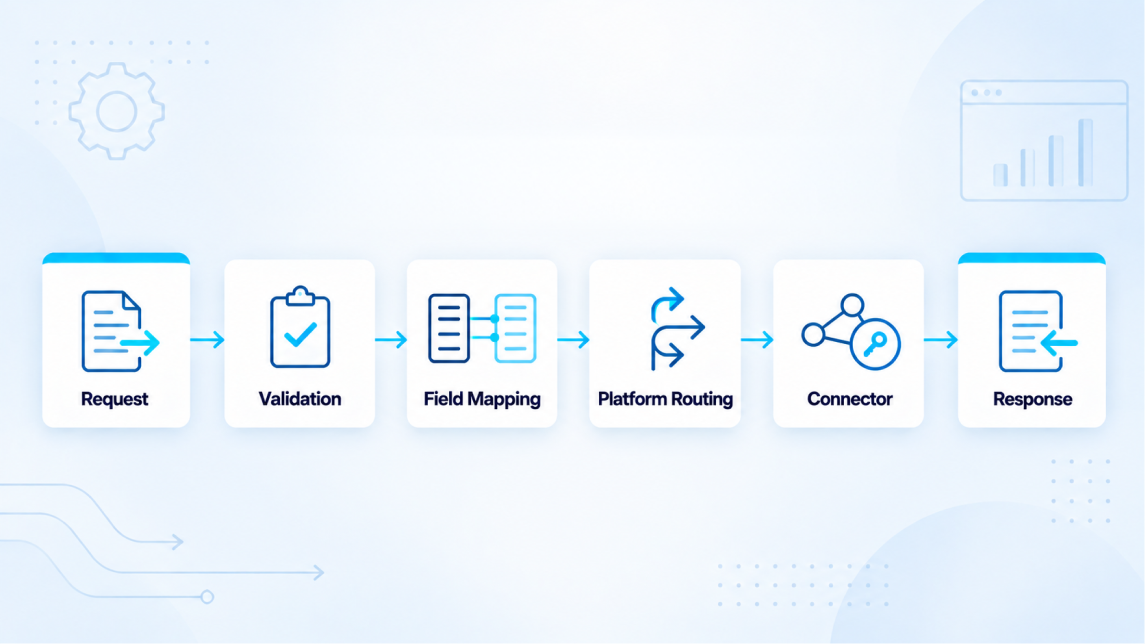Unified accounting API workflow showing request validation, field mapping, platform routing, connector, and response
