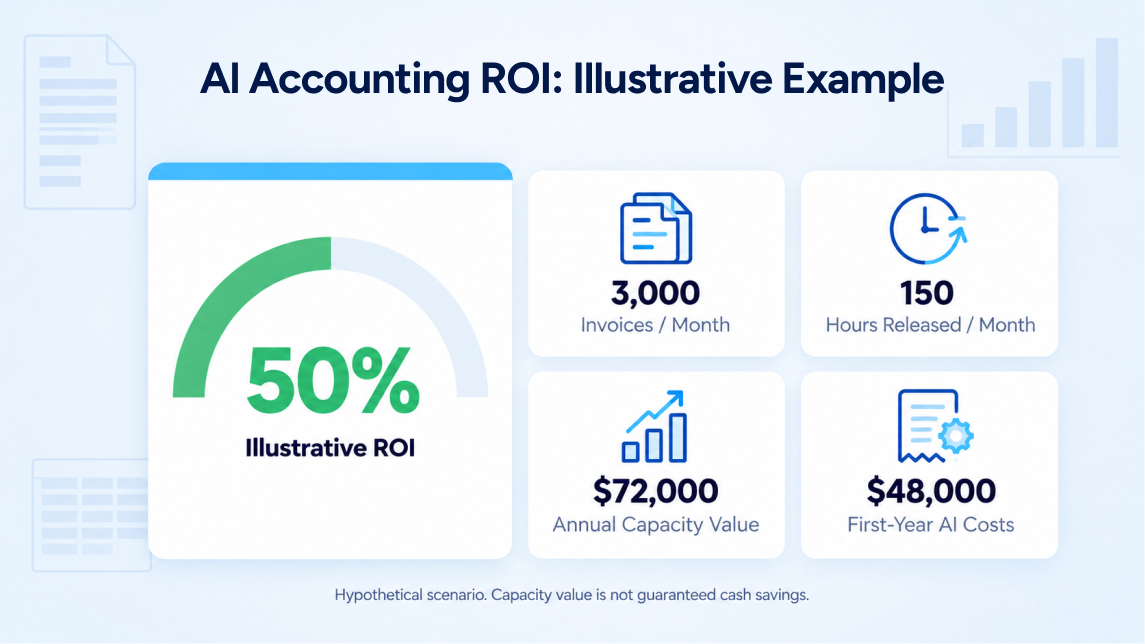 Illustrative AI accounting ROI calculation showing 50 percent first-year ROI based on hypothetical costs and benefits.