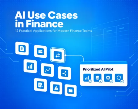 AI use cases in finance showing practical applications, automated workflows, analytics, risk detection, and prioritized AI pilots