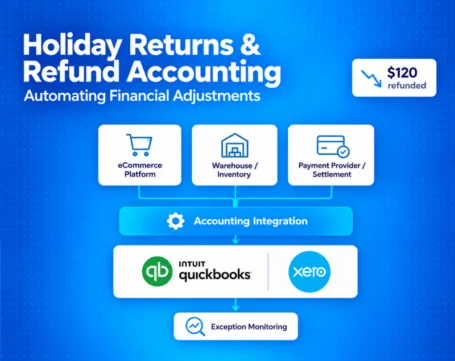 Holiday returns and refund accounting workflow connecting ecommerce platforms, warehouse inventory, and payment providers with QuickBooks and Xero for automated financial adjustments and exception monitoring.