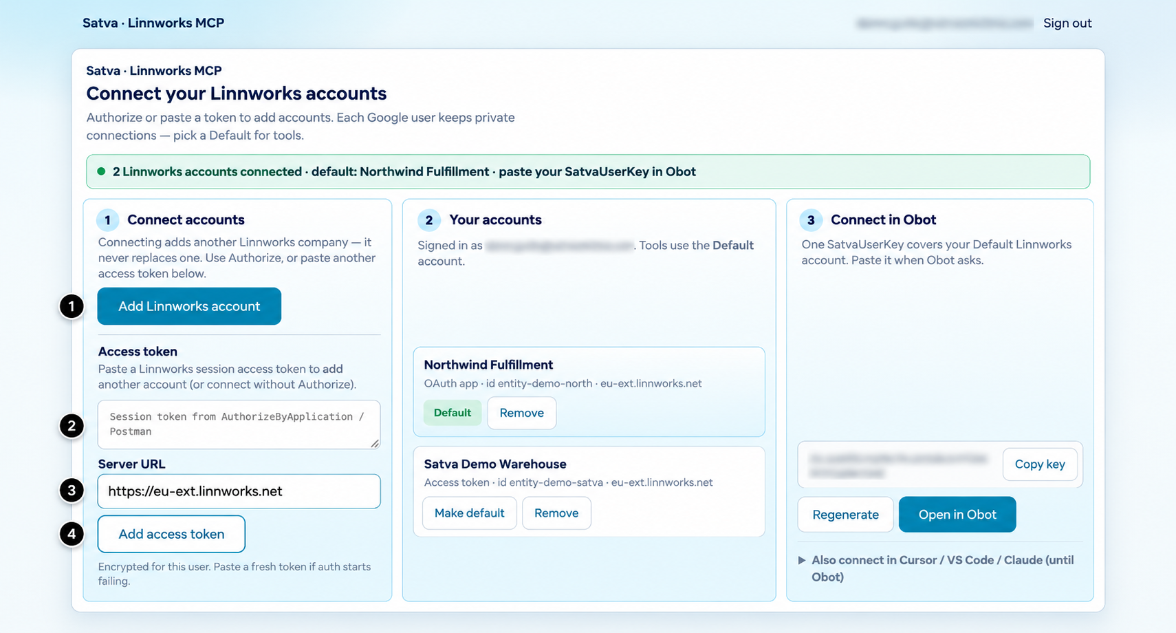 Linnworks MCP account connection screen showing connected accounts, access token, and OBot setup