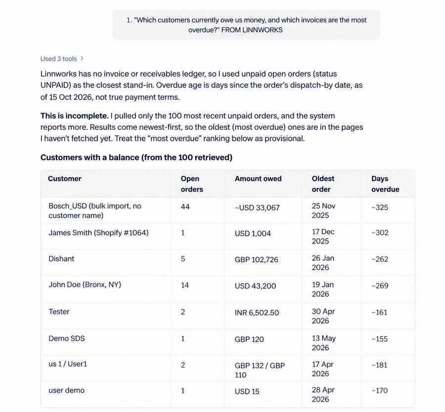 Linnworks overdue customer balance report showing open orders, amounts owed, oldest order dates, and estimated overdue days