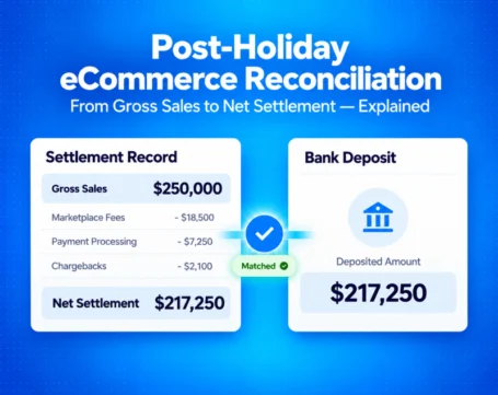 Post-holiday ecommerce reconciliation matching gross sales, marketplace fees, payment processing, chargebacks, and net settlement to bank deposits.