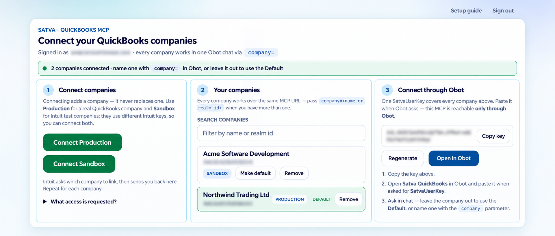 QuickBooks MCP setup showing company connections, production and sandbox accounts, and OBot access configuration