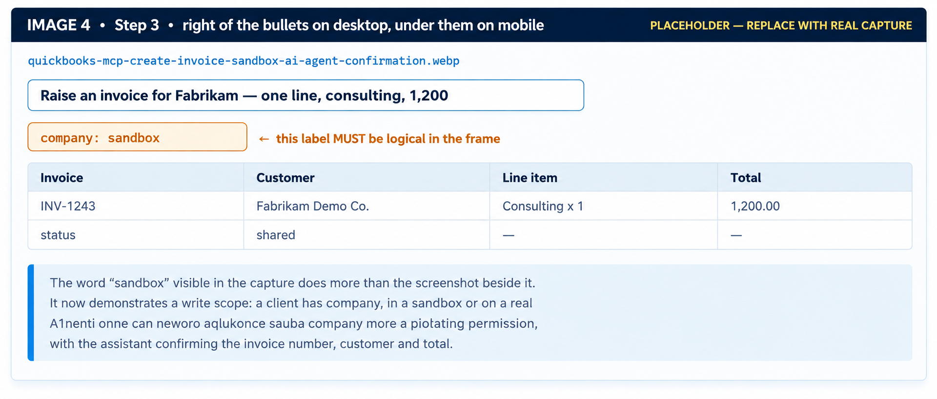 QuickBooks MCP sandbox invoice showing customer, consulting line item, invoice number, and total amount