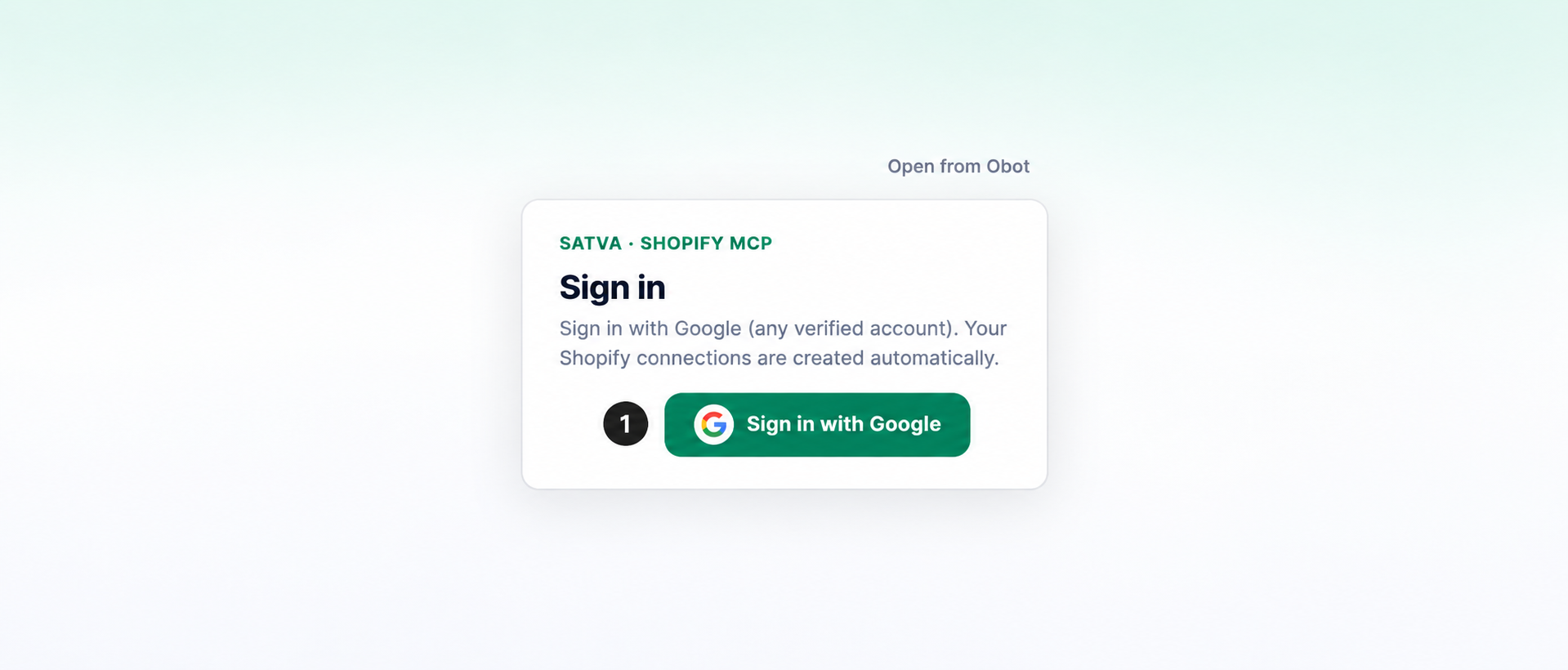 Shopify MCP connector sign-in screen showing Google authentication and automatic Shopify connection setup