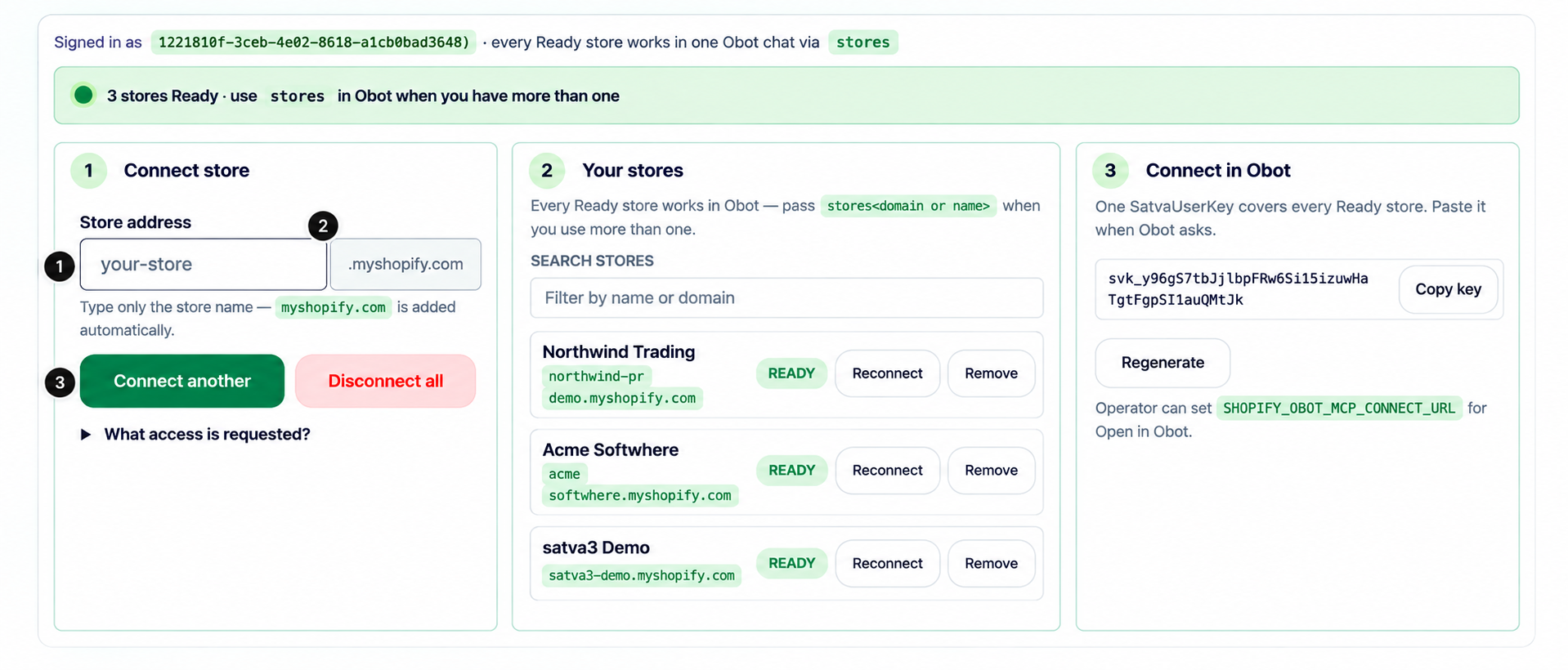 Shopify MCP connector setup showing multiple stores, store connection, unified access, and secure Obot integration
