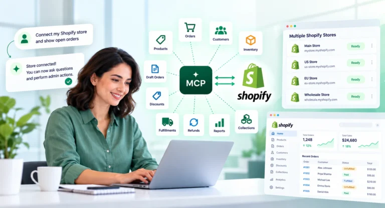 Shopify MCP integration connecting multiple stores with products, orders, inventory, customers, refunds, and admin actions