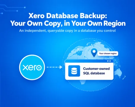Xero database backup illustration showing an independent copy of financial data stored in a customer-owned SQL database within a chosen geographic region.