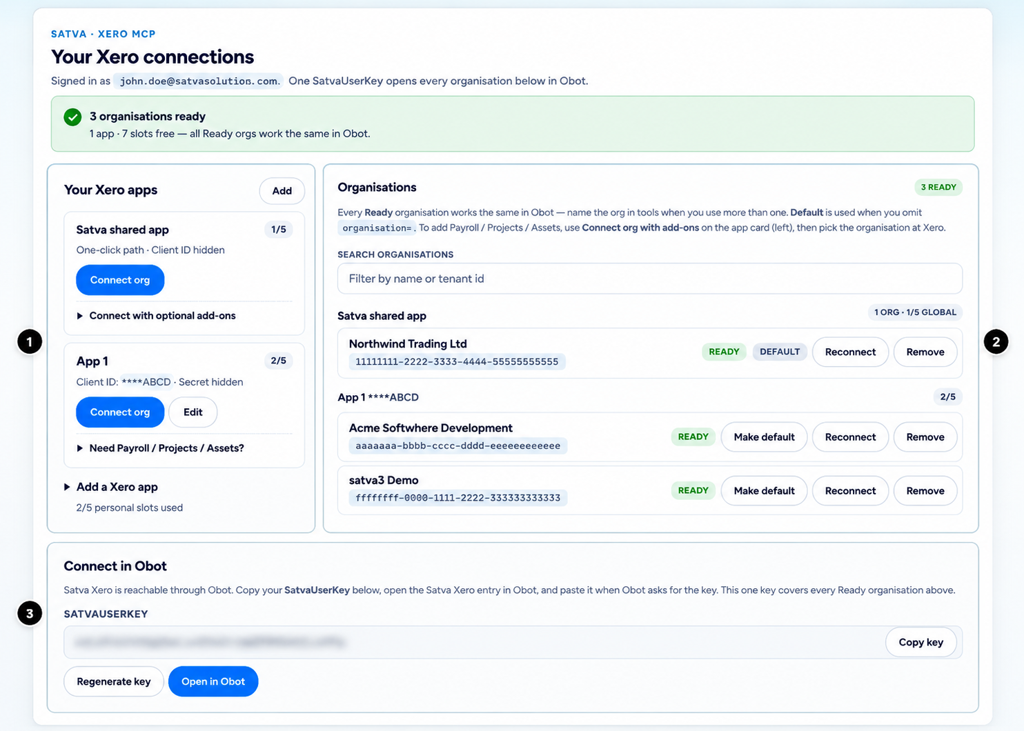 Xero MCP connector dashboard showing multiple organisations, apps, connections and SatvaUserKey setup
