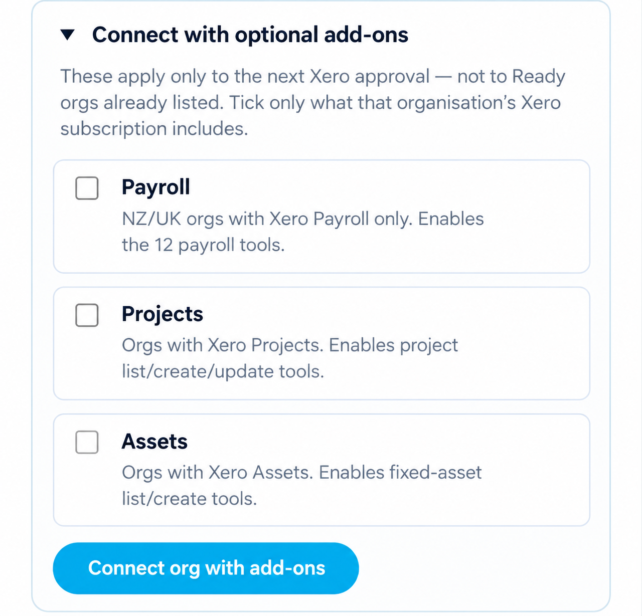 Xero MCP connector add-ons for payroll, projects and fixed assets across Xero organisations