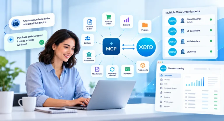 Xero MCP connector showing AI-powered accounting workflows across multiple Xero organisations and financial tools