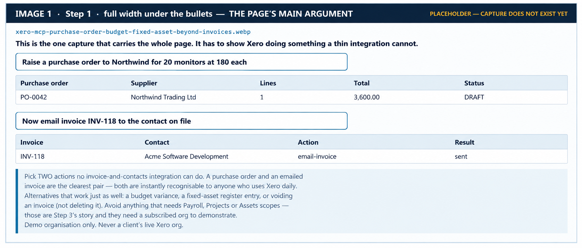 Xero MCP workflow showing purchase order creation and invoice email actions beyond basic accounting integration