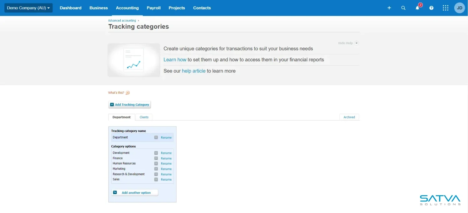 Xero tracking categories dashboard for managing transaction categories and financial reporting